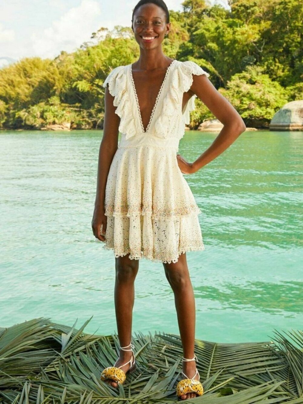 FARM RIO - EYELET PATCH BEADED MINI DRESS - OFF-WHITE / S